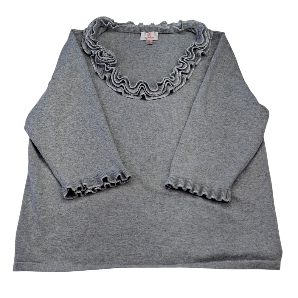 Quaker Factory Women's Lightweight Gray Sweater XL Ruffle Casual Pullover Top